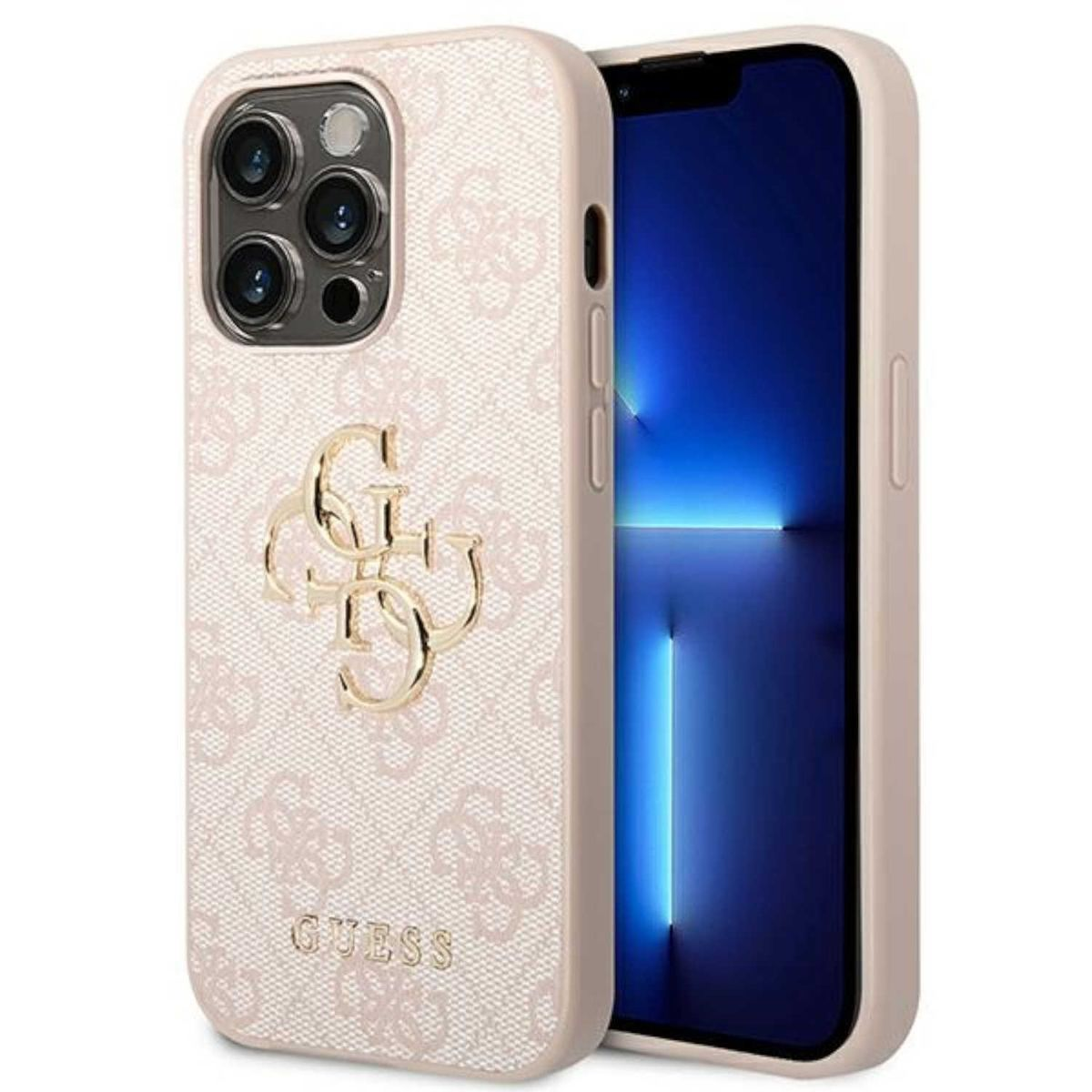 Custodia per telefono rosa con motivo floreale e logo Guess dorato.