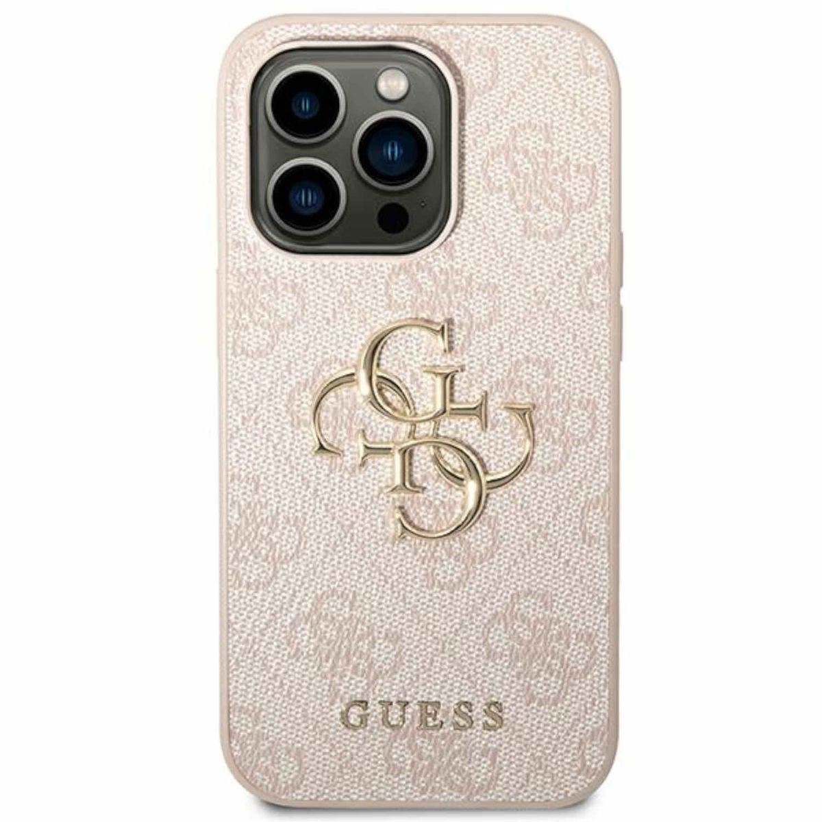Una custodia per iPhone Guess rosa a fantasia con dettagli dorati e il logo Guess.