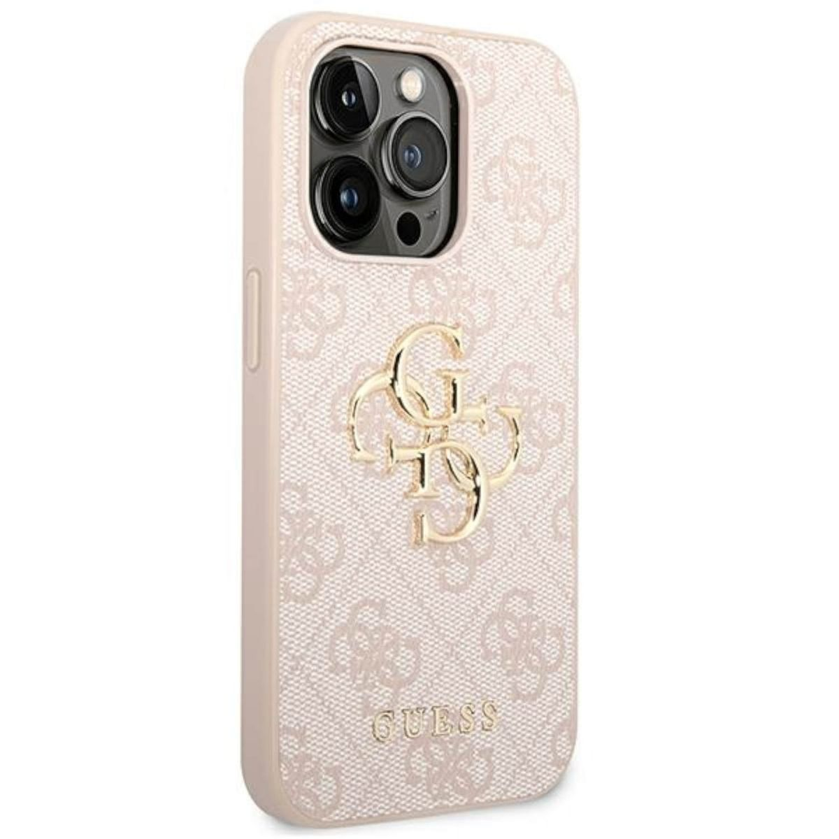 Custodia per telefono Guess rosa con logo e motivo, su sfondo bianco, con un telefono all'interno.