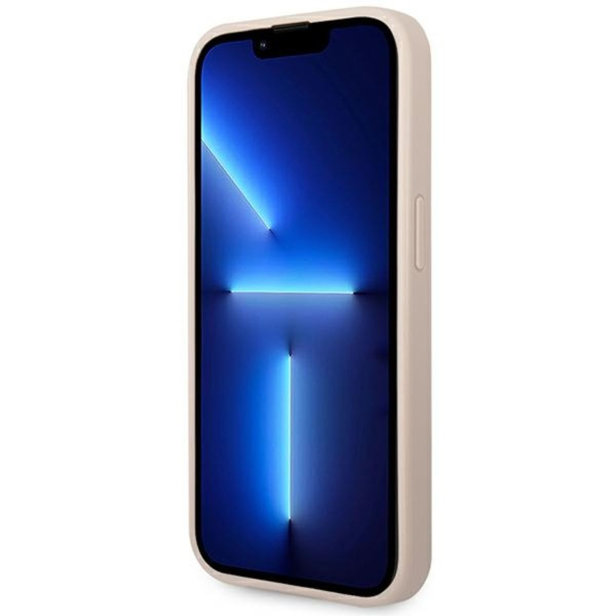 Un telefono con schermo blu in una custodia beige.