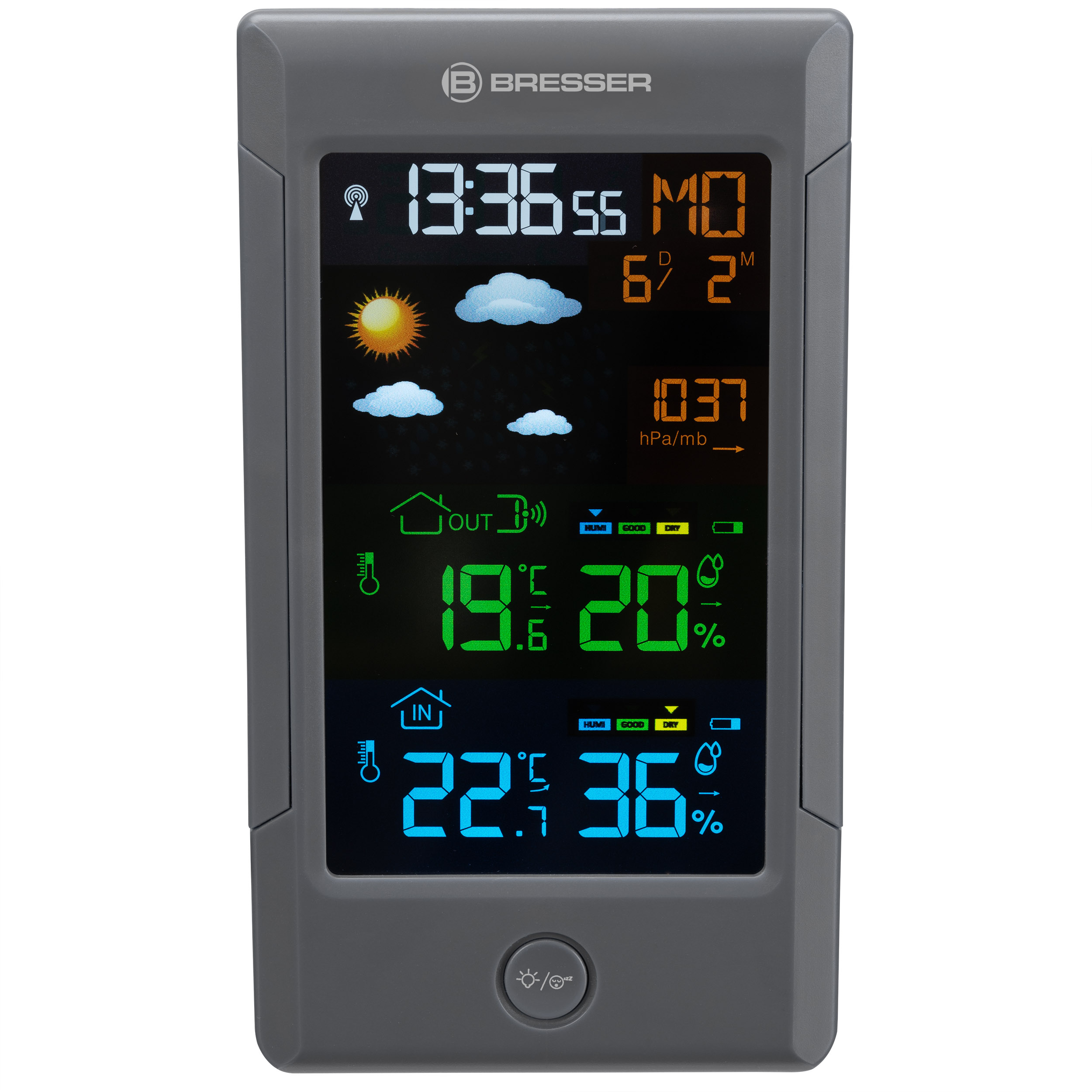Graue Wetterstation mit Anzeige von Uhrzeit, Datum, Wetter und Temperatur.