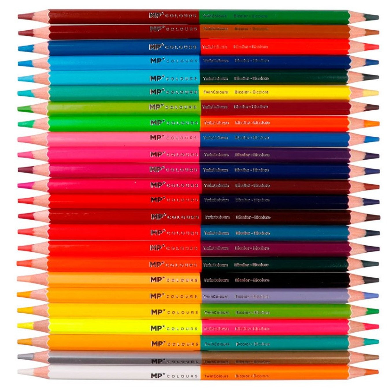 Satz bunter Bleistifte, in einem Raster angeordnet, mit dem MP Colours Logo.