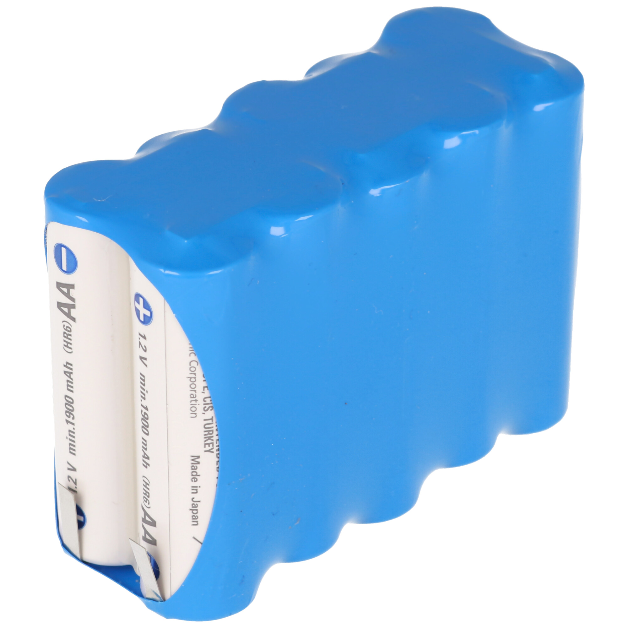 Eine Packung mit 8 AA-Batterien, blaue Plastikverpackung. Weißes und blaues Etikett mit Text darauf.