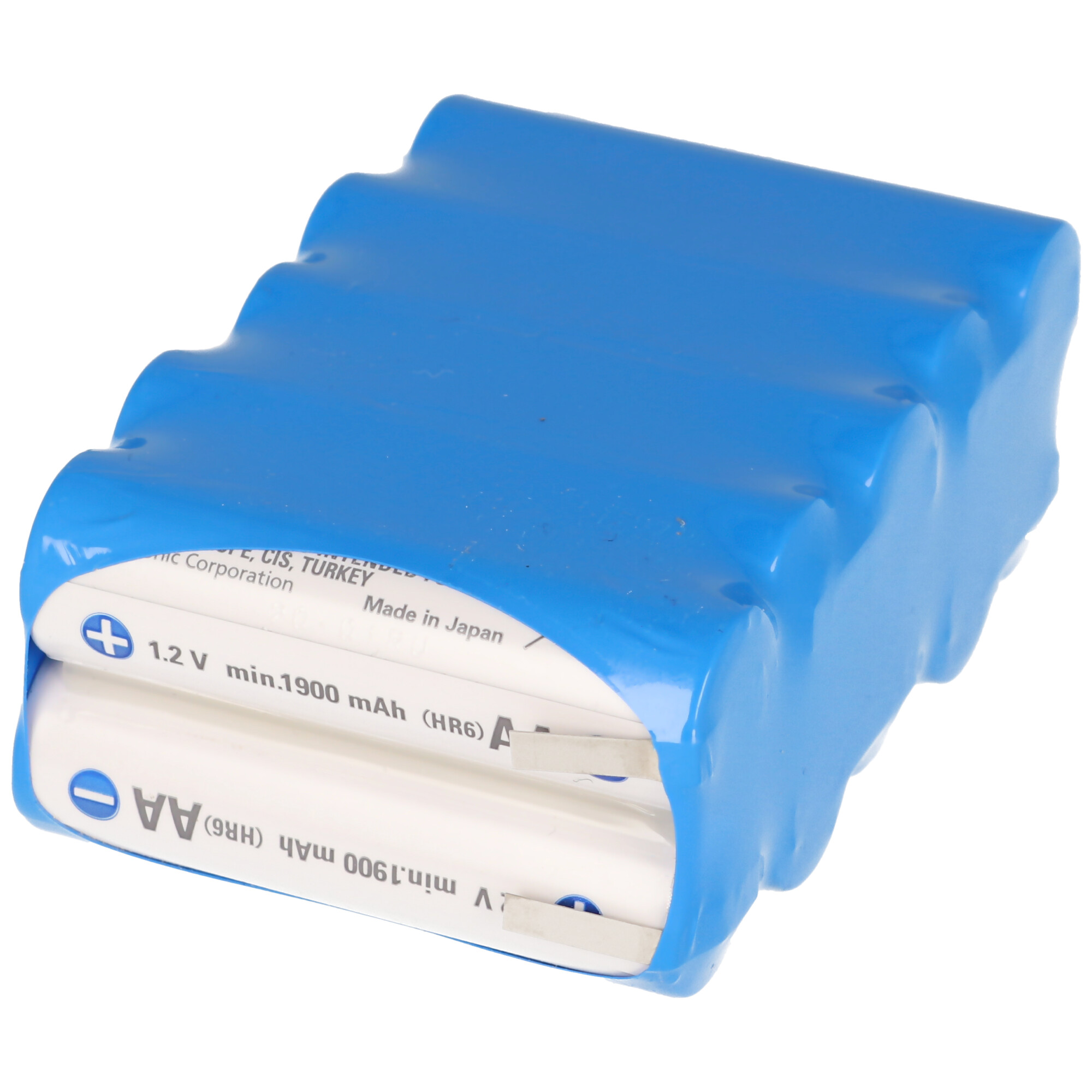 Eine Packung AA-Batterien, verpackt in blauem Kunststoff. Die Batterien sind weiß mit Text.