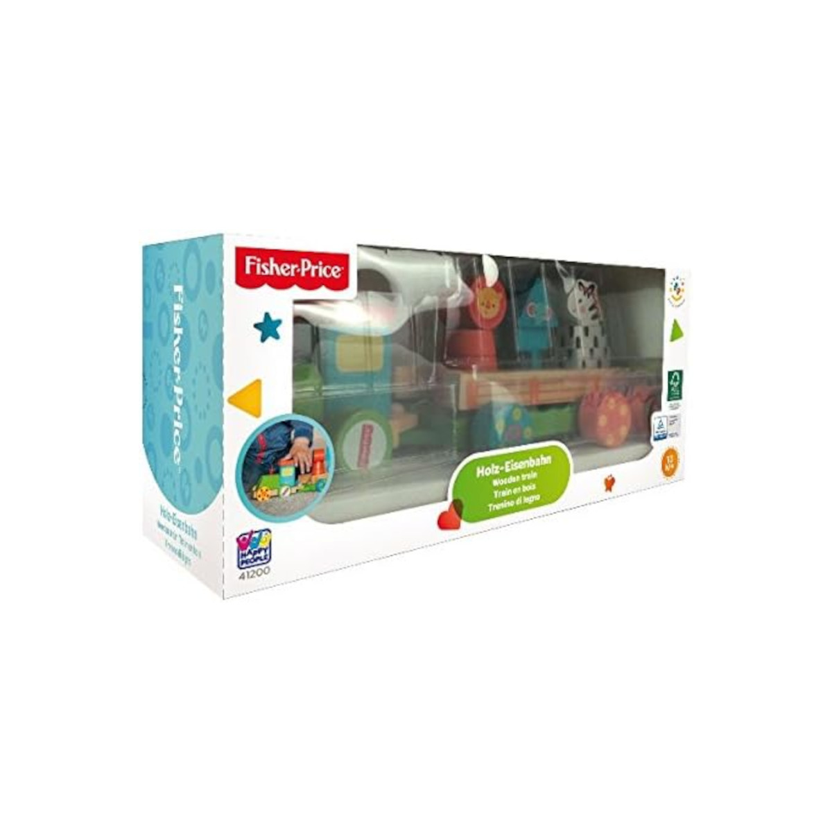 Spielzeug-Zugset in einer Box. Die Box zeigt einen Zug, Gleise und Tierfiguren.