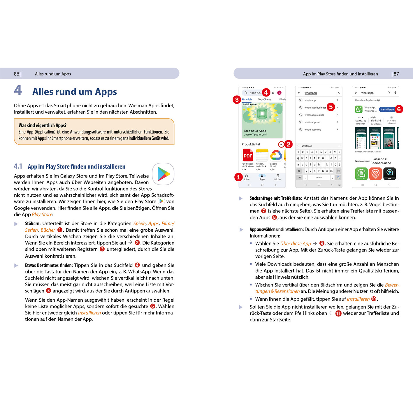 Eine Seite mit deutschem Text und Bildern von Apps auf einem Telefonbildschirm.