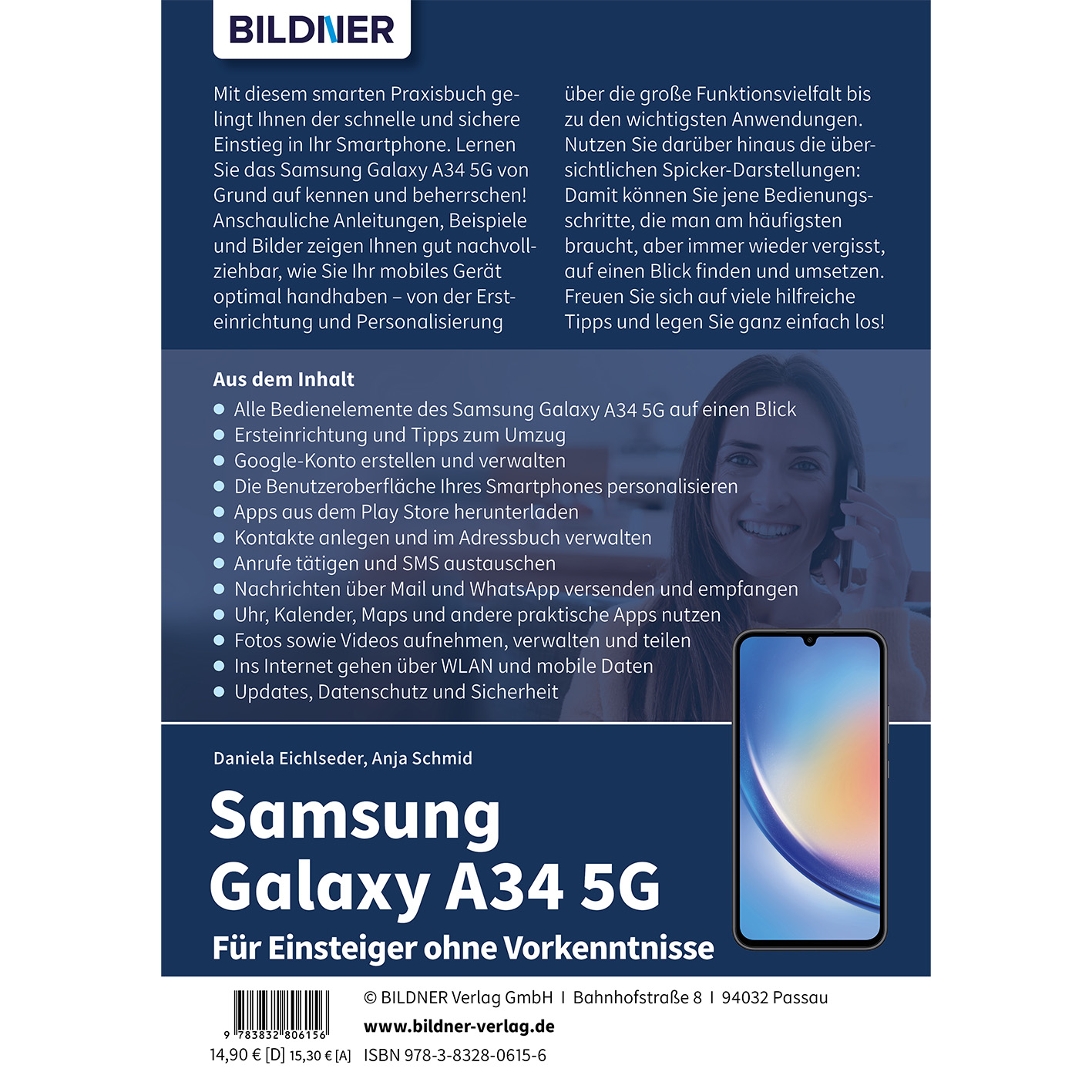 Ein Buchcover, schwarz und blau, mit Text und einem Bild eines Telefons.