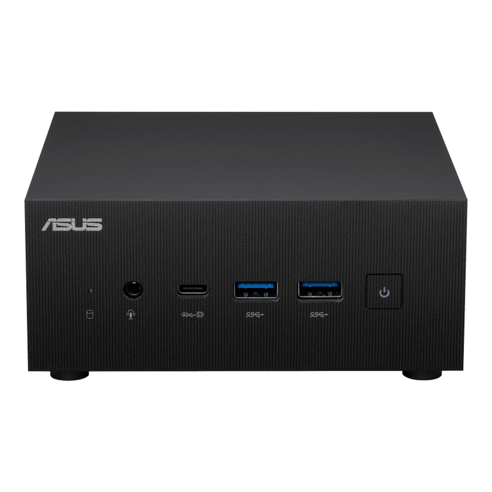 Czarny mini PC ASUS. Z przodu porty i przycisk zasilania. Logo ASUS u góry po lewej.