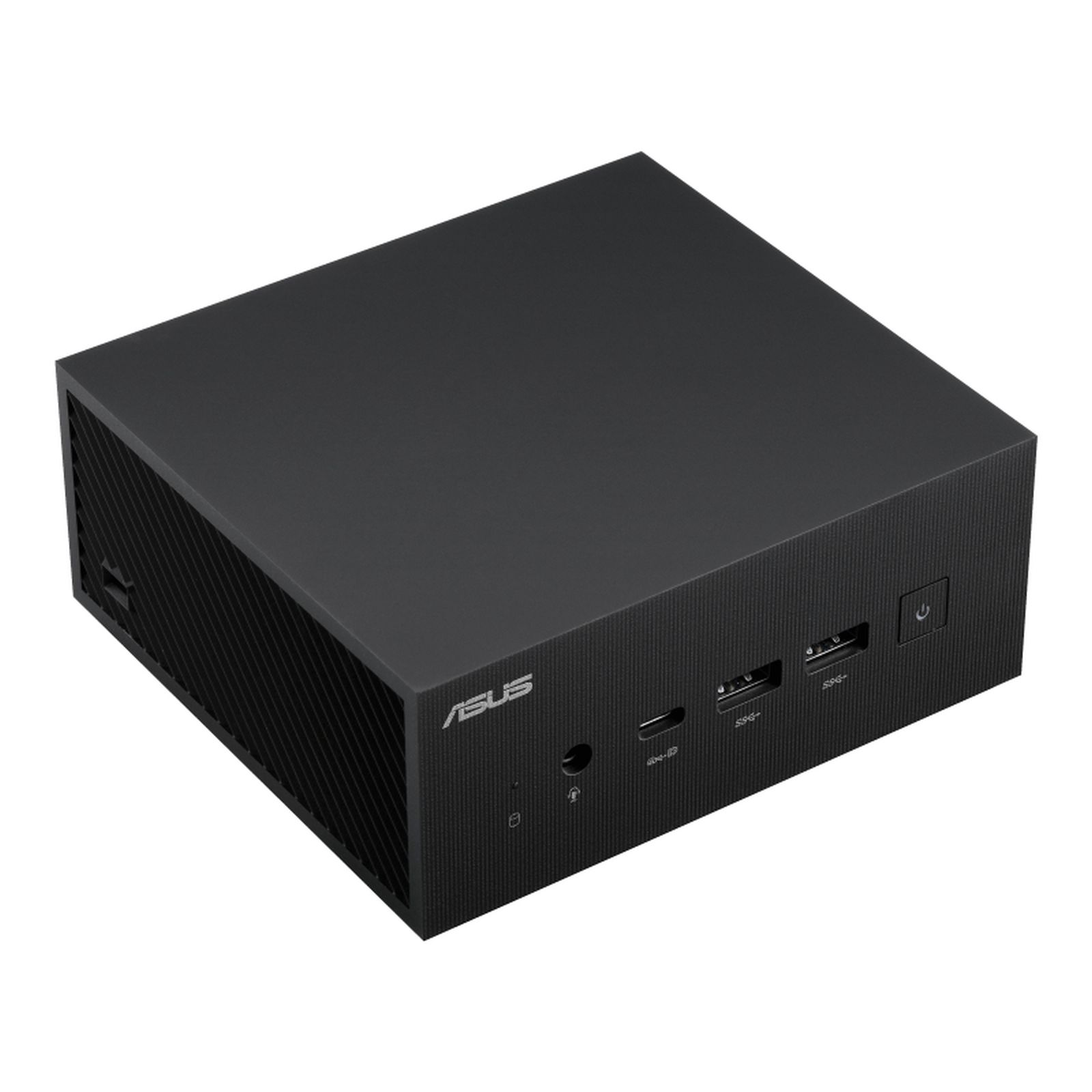 Czarny mini PC ASUS z portami USB i przyciskiem zasilania z przodu. Widok z góry.