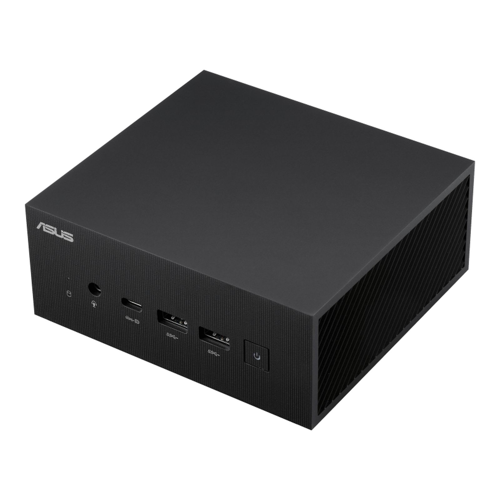 Czarny mini komputer ASUS z portami z przodu. Logo ASUS u góry.