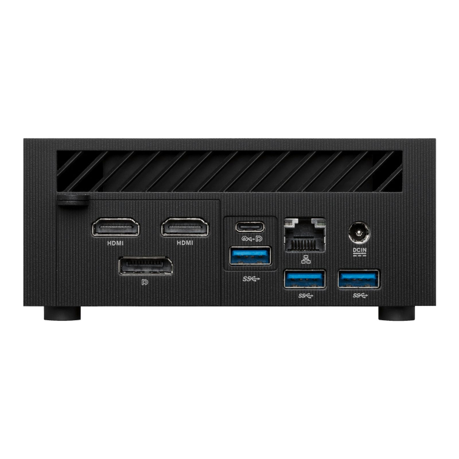 Czarny tył komputera z portami, HDMI, USB i zasilaniem. Czarny z czarną ramką.