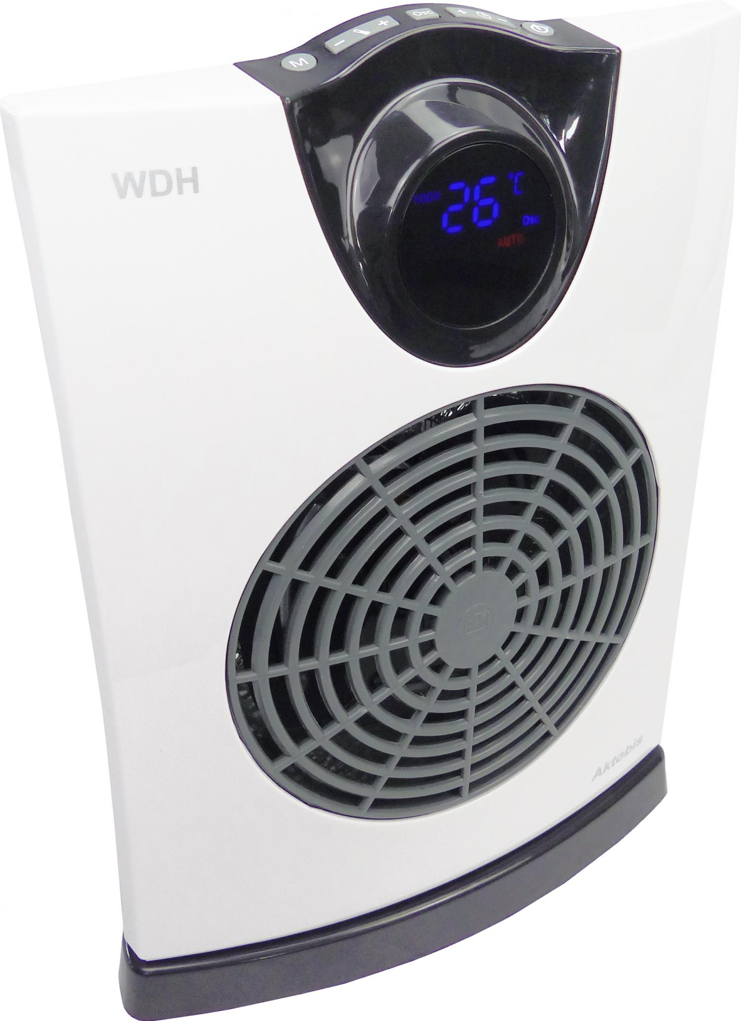 Weißer Elektroheizer mit Digitalanzeige und grauem Grill, schwarzer Sockel, isoliert.