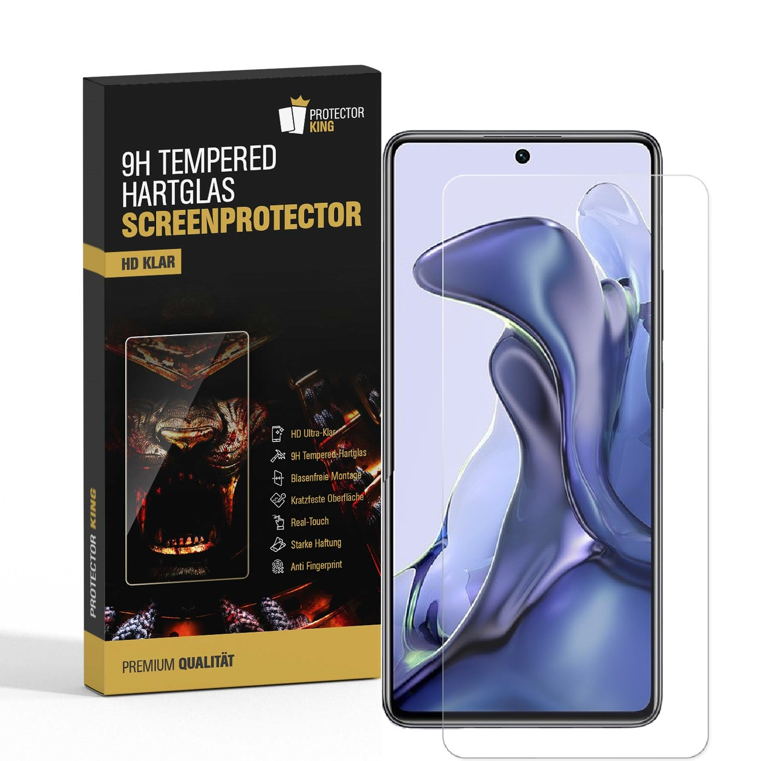Displayschutzfolie für Smartphones mit Box. Telefon und Schutzfolie nebeneinander.