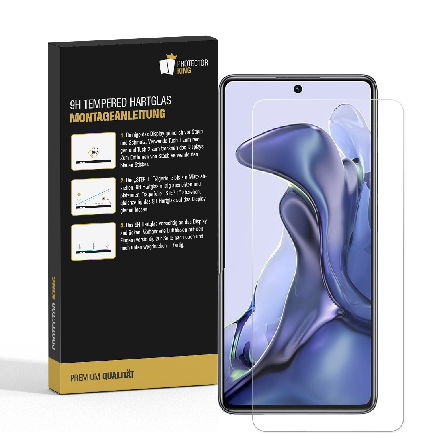 Ein Displayschutz für ein Telefon. Es zeigt den Bildschirm und die Box. Der Hintergrund ist weiß.