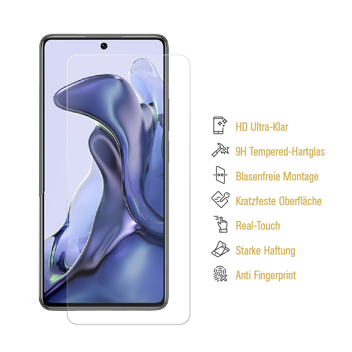Ein Smartphone mit angebrachter Displayschutzfolie sowie Symbolen, die Funktionen wie Klarheit und Berührung anzeigen.