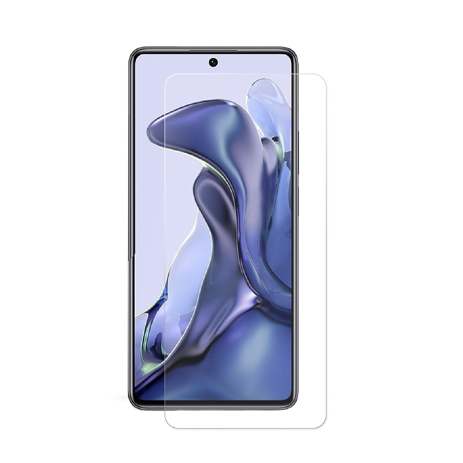 Ein Telefon mit Displayschutzfolie. Der Schutz befindet sich neben dem Telefon und zeigt den Bildschirm.