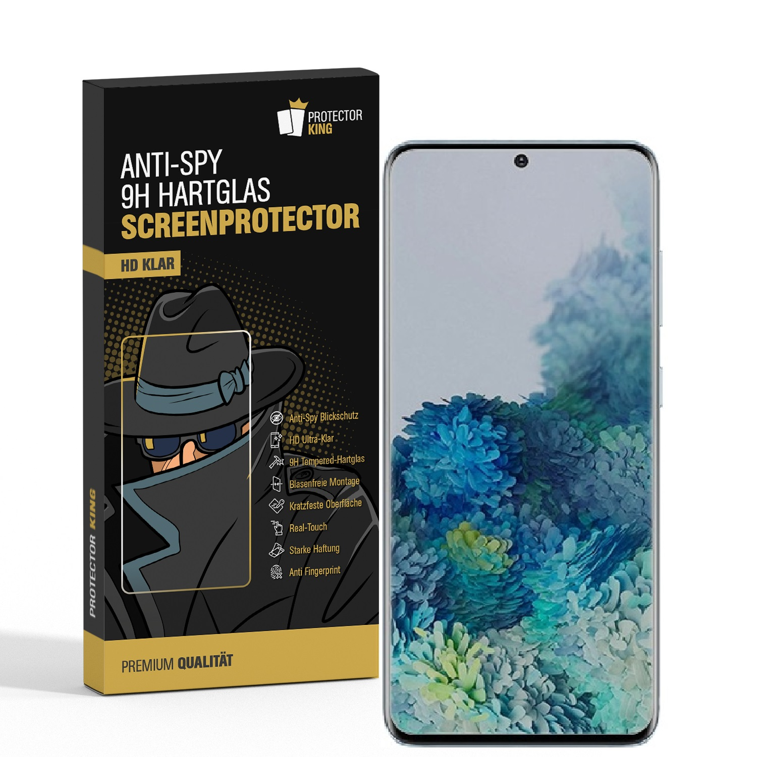 Telefon mit Displayschutzbox. Die Box zeigt einen Mann mit Hut, der Telefonbildschirm ist sichtbar.