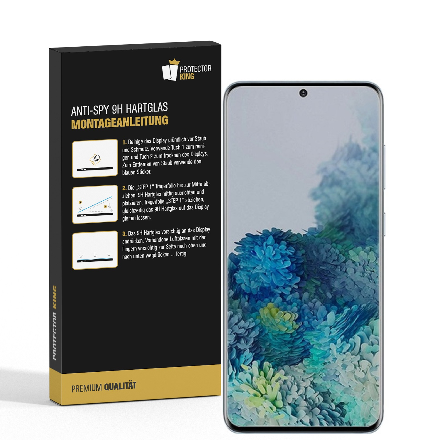 Ein Telefon und eine Schachtel mit Anweisungen. Die Schachtel hat Text über das Produkt und Grafiken zur Installation.