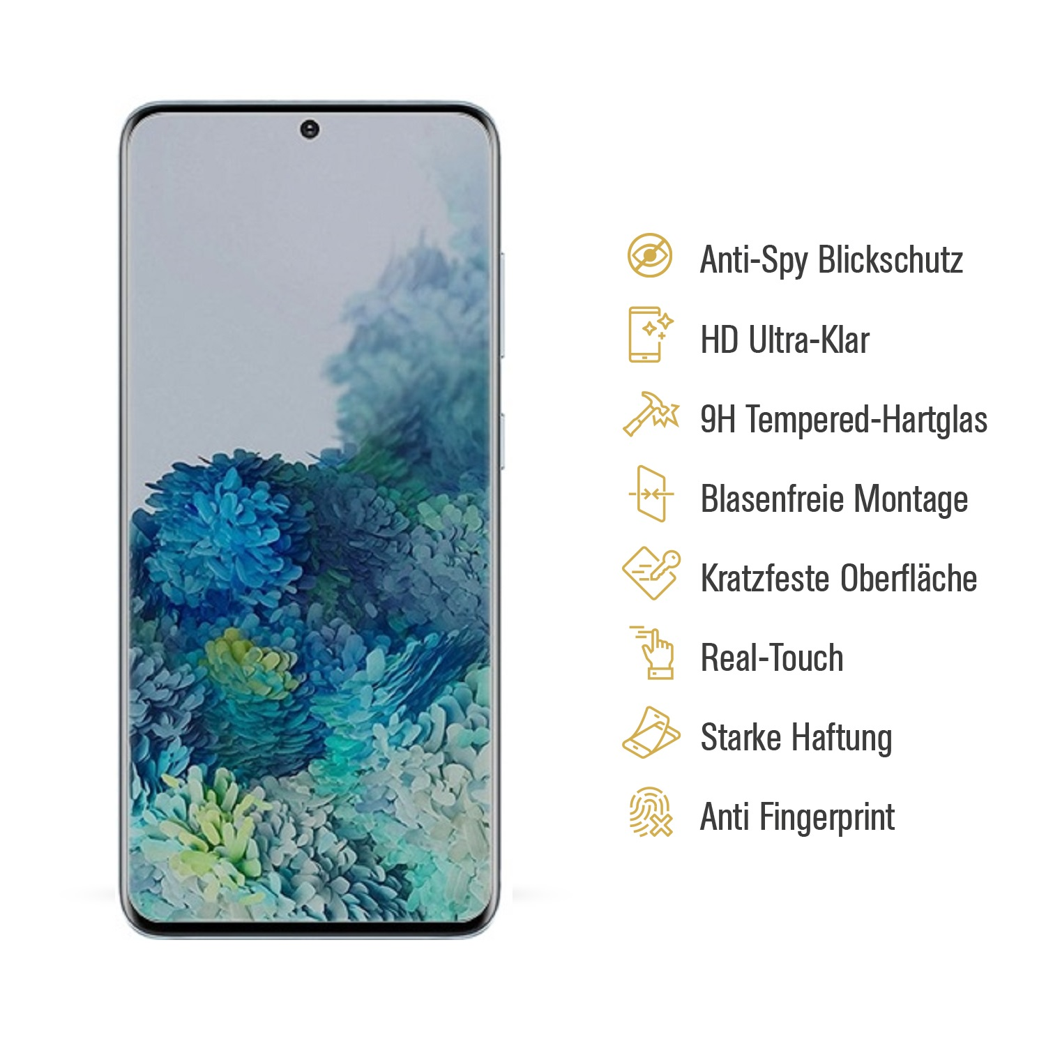 Displayschutzfolie mit Telefon, das ein Blumenbild zeigt, und Textbeschreibungen.