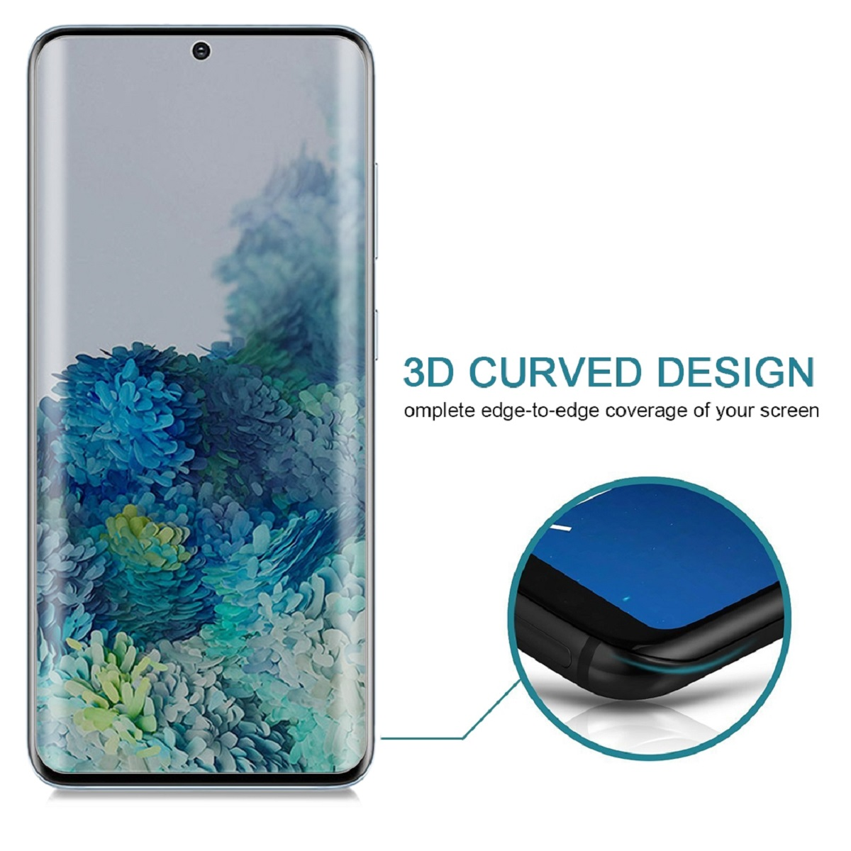 Ein Telefon mit Displayschutzfolie wird gezeigt. Text sagt '3D Curved Design' und 'Edge-to-Edge Coverage'.