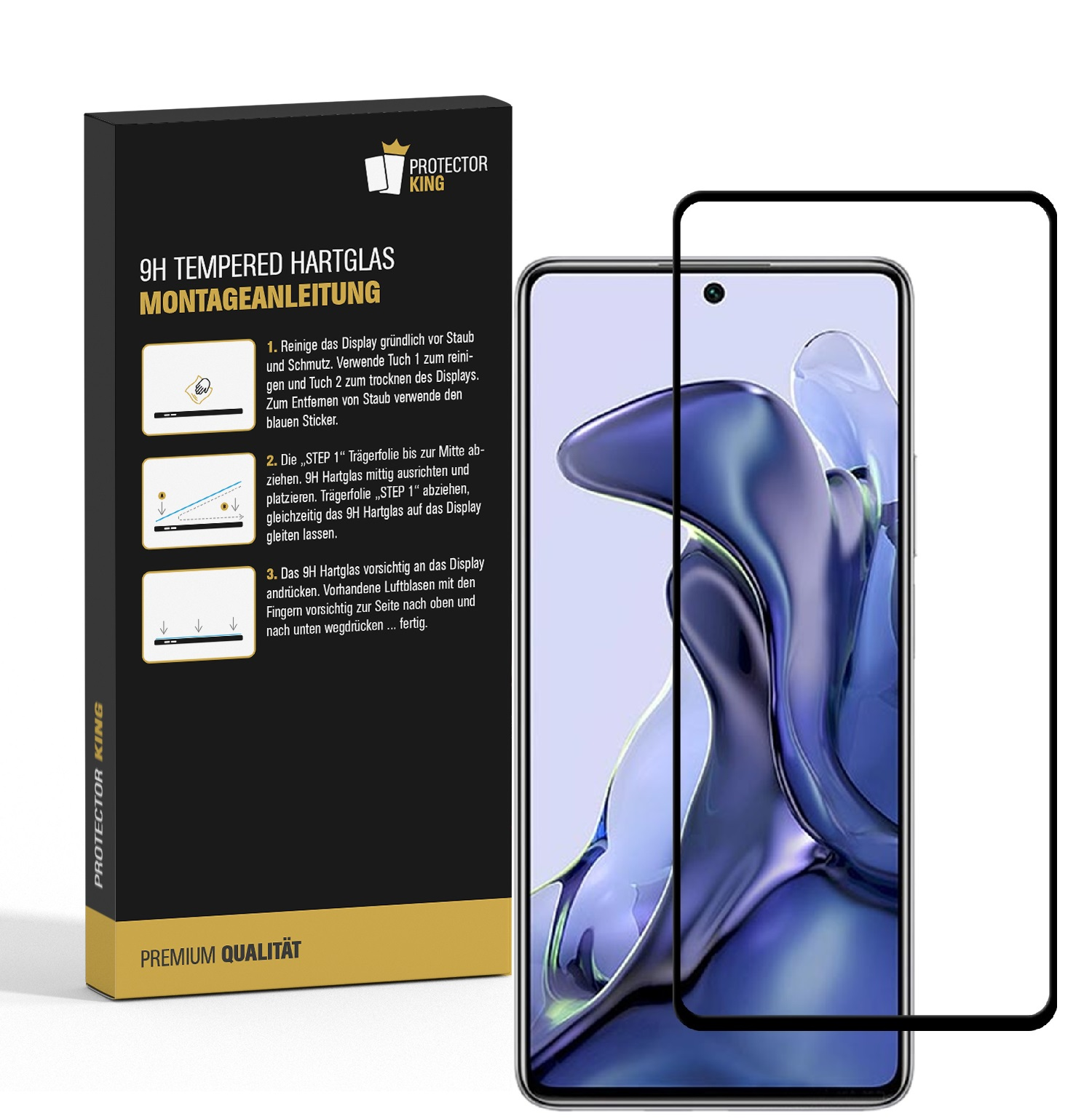 Schachtel mit Displayschutzfolie aus gehärtetem Glas, mit Telefon und Schutz. Text auf Deutsch.