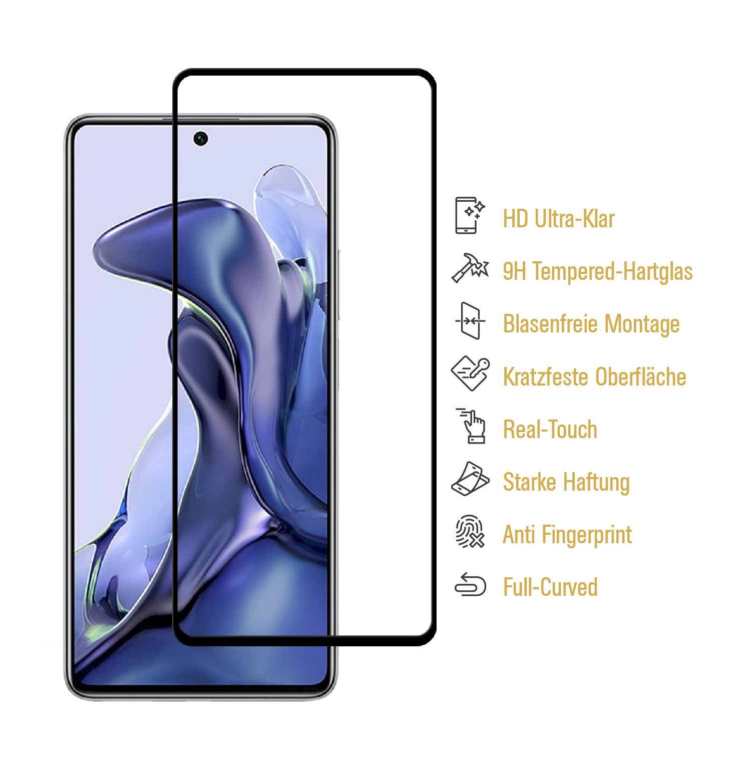Ein Displayschutz neben einem Telefon, der die Funktionen zeigt: HD Ultra-Clear, 9H Tempered-Glass.