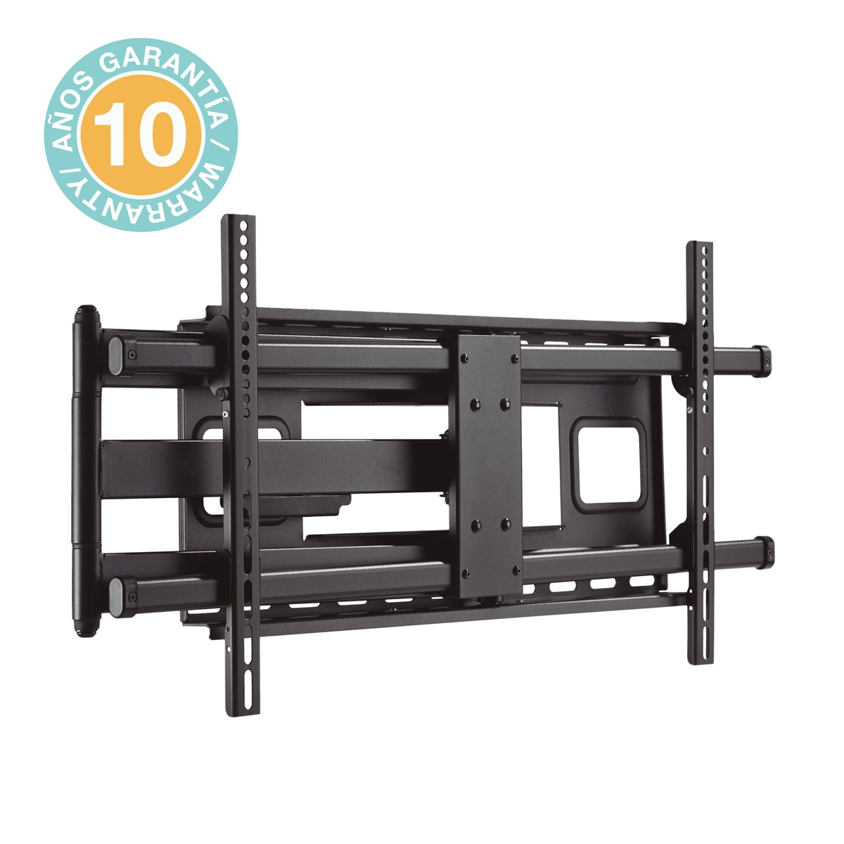 Un soporte de pared para TV negro con una insignia de garantía de 10 años. Fondo blanco.