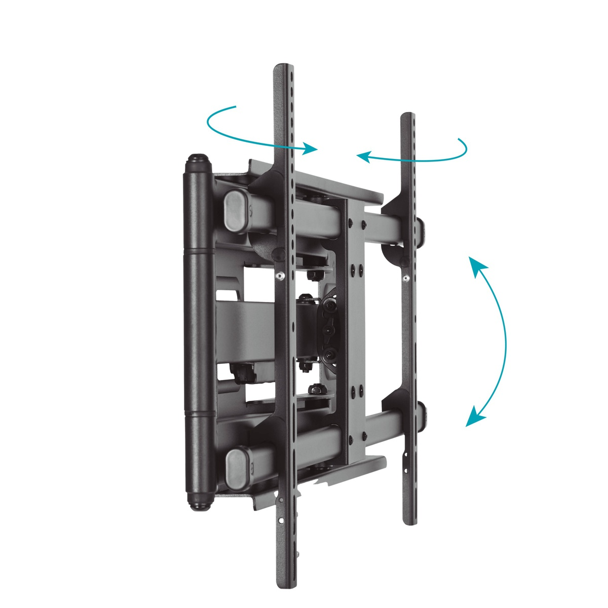 Soporte de TV metálico negro. Flechas indican direcciones de giro e inclinación. Fondo blanco.