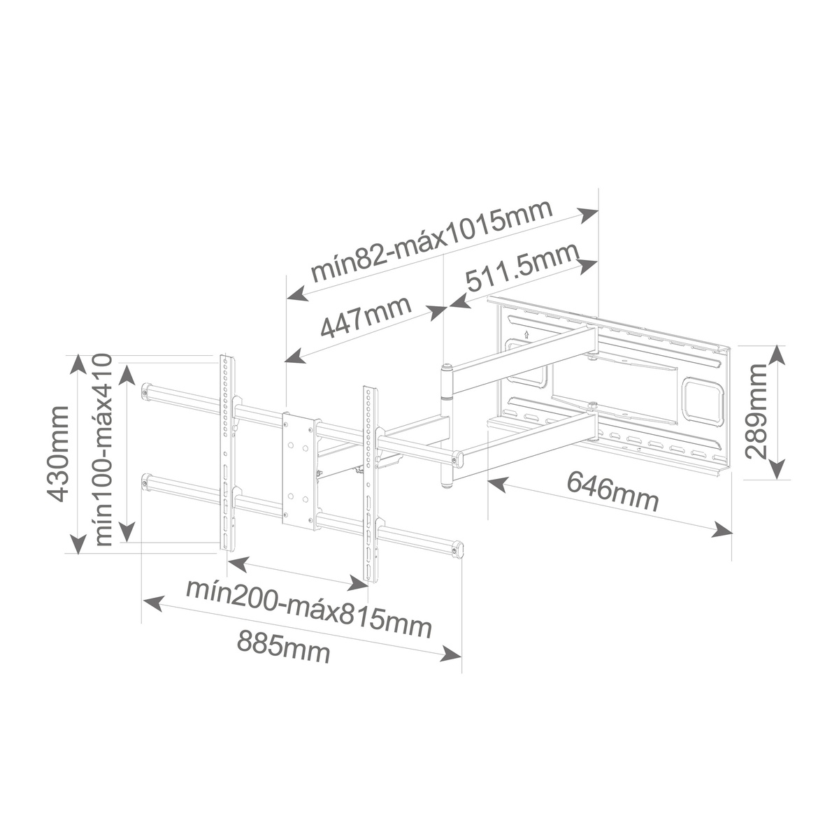Diagrama de un soporte de pared para TV, con medidas en milímetros. Muestra varios componentes.
