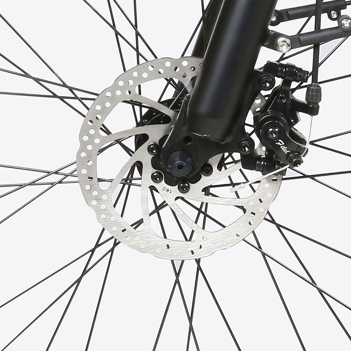 Nahaufnahme einer Fahrradscheibenbremse und Speichen vor weißem Hintergrund.