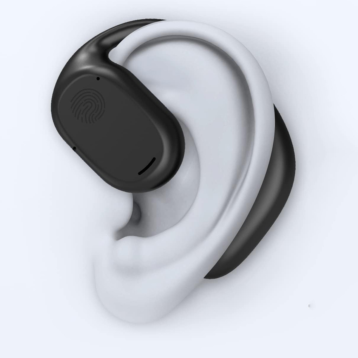 Un auricular negro en un molde de oreja blanco, mostrando un sensor de huellas dactilares.