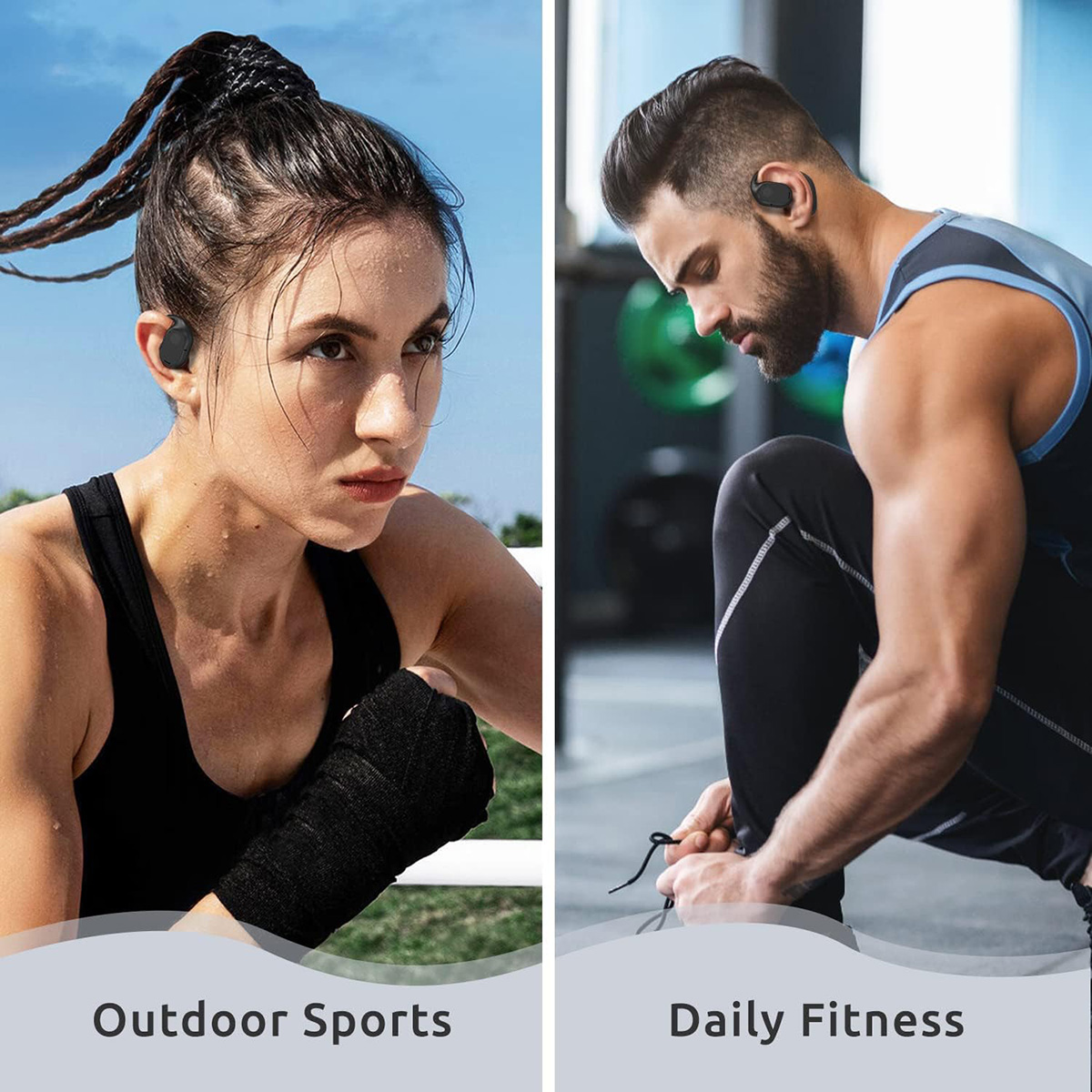 Dos personas usando auriculares. Uno hace ejercicio al aire libre, el otro en fitness diario.