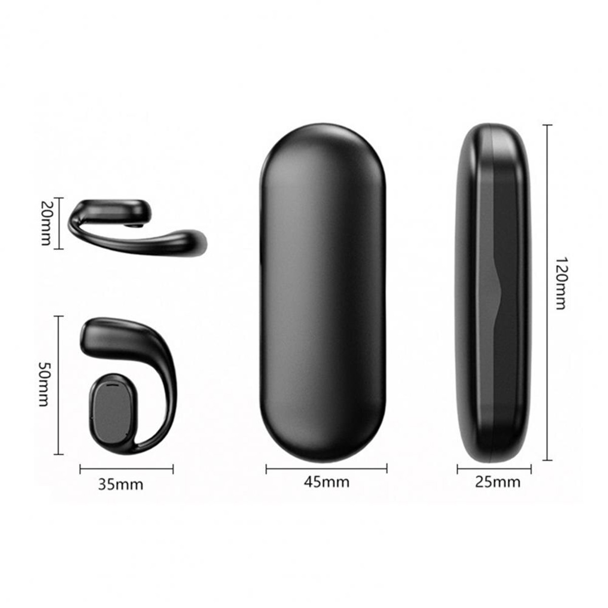 Tres componentes de auriculares negros con dimensiones: 20 mm, 50 mm, 35 mm, 45 mm, 120 mm y 25 mm. Fondo blanco.