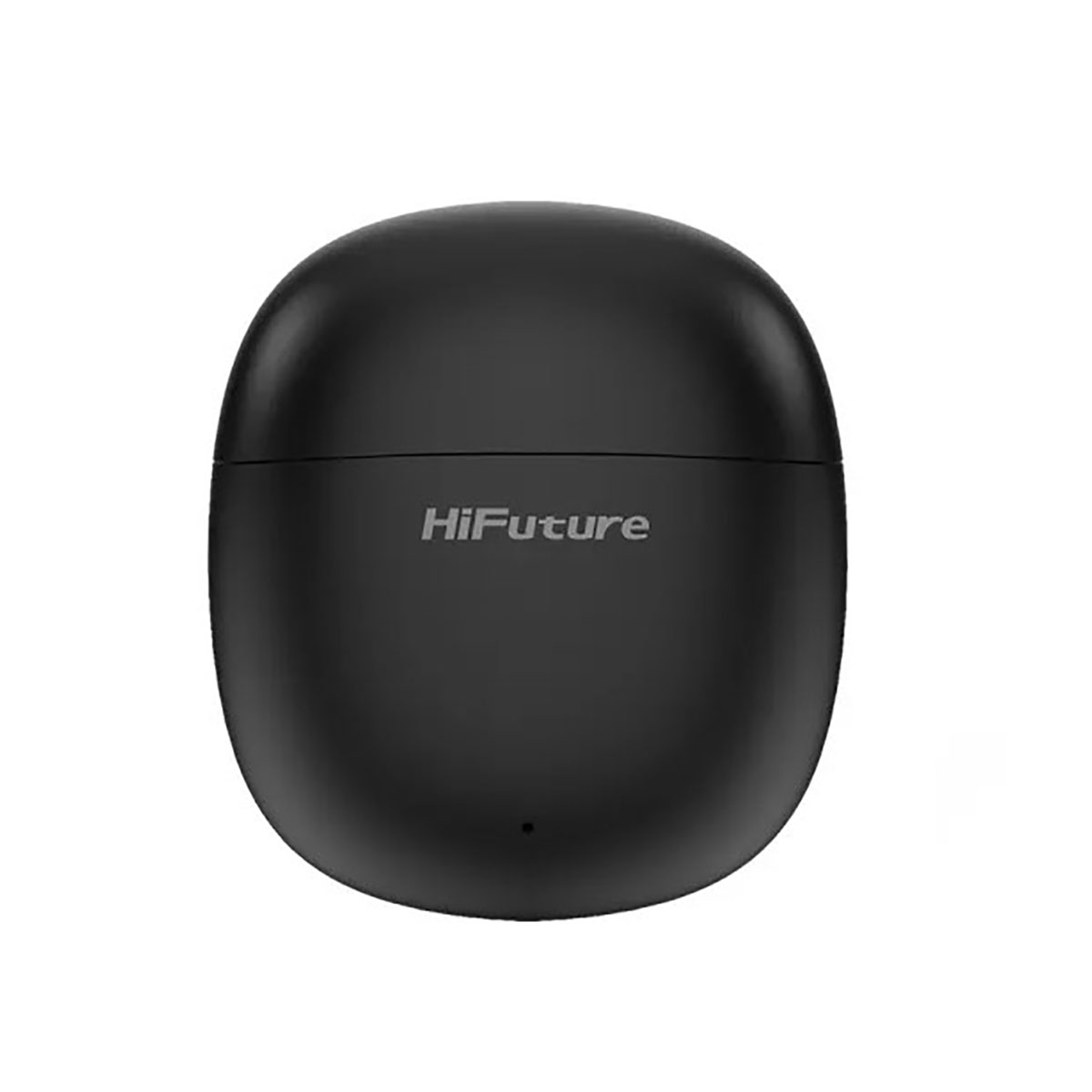 Custodia per auricolari nera a forma ovale con il marchio 'HiFuture'.