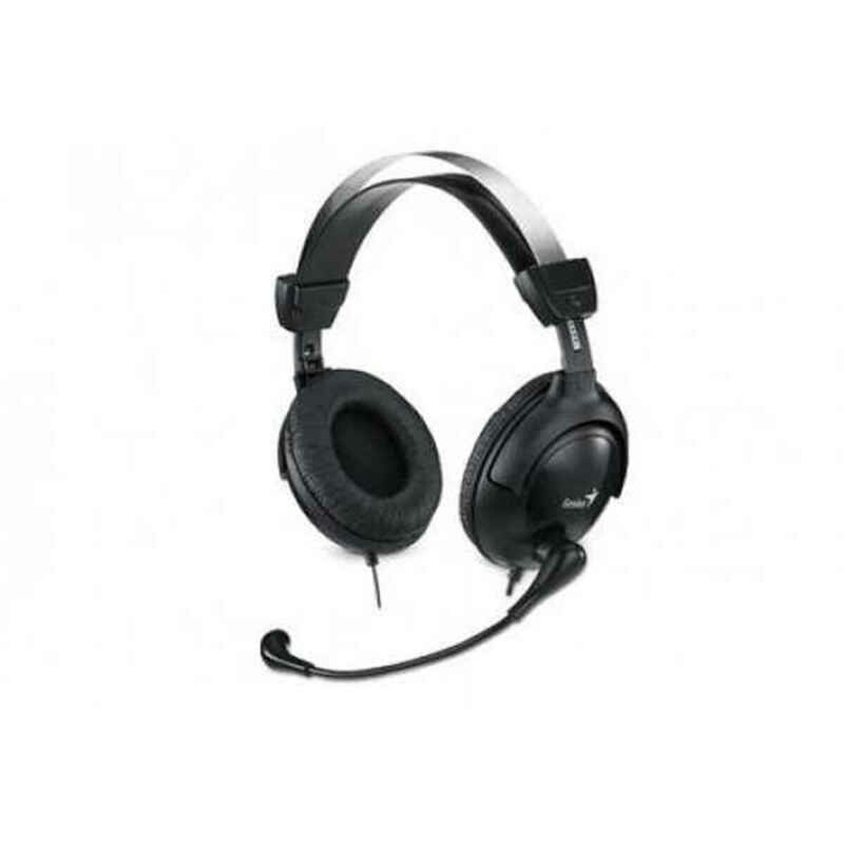 Auriculares negros con micrófono, sobre fondo blanco.