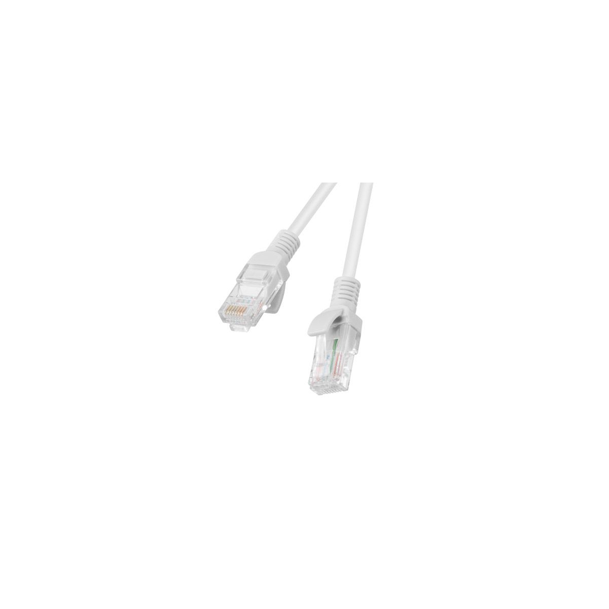 Dwa białe kable Ethernet z wtyczkami na białym tle.