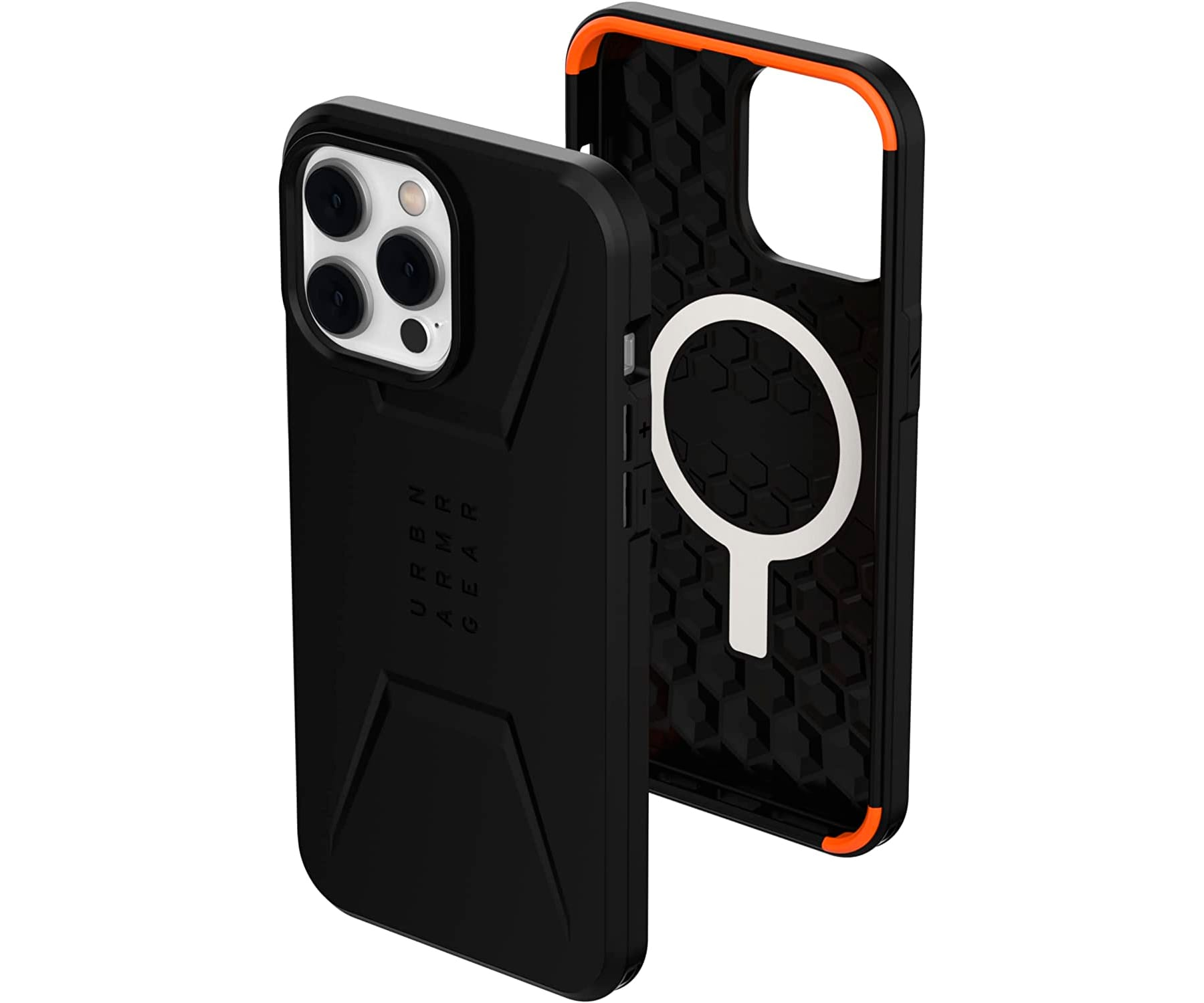 Zwarte iPhone-hoes. De hoes is open en toont een wit interieur met een oranje rand.