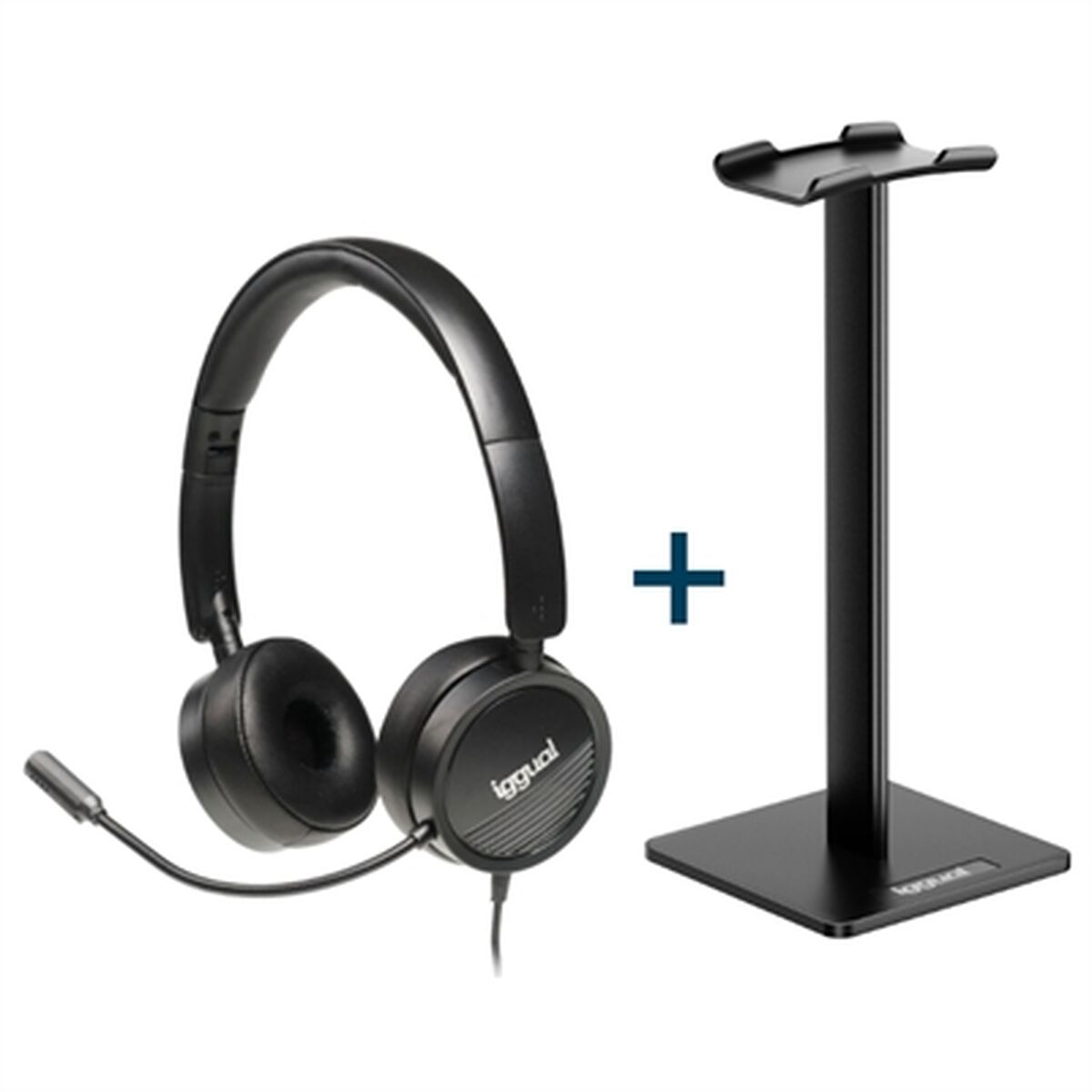 Cuffie nere e supporto per cuffie con un segno più in mezzo.