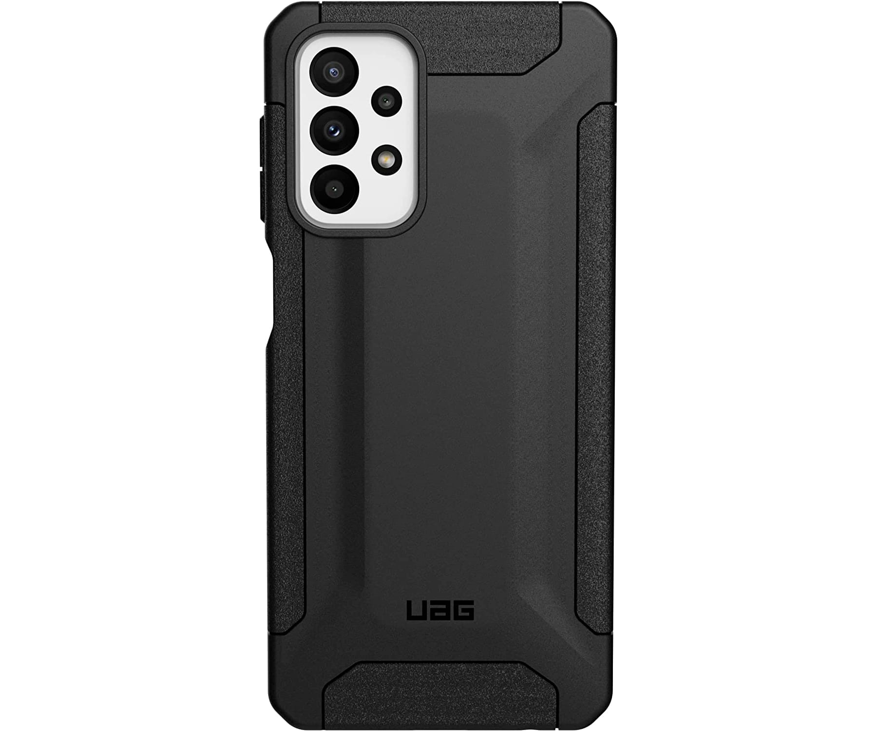 Zwarte telefoonhoes met robuust ontwerp en een UAG-logo. Sterk, beschermend en duurzaam.