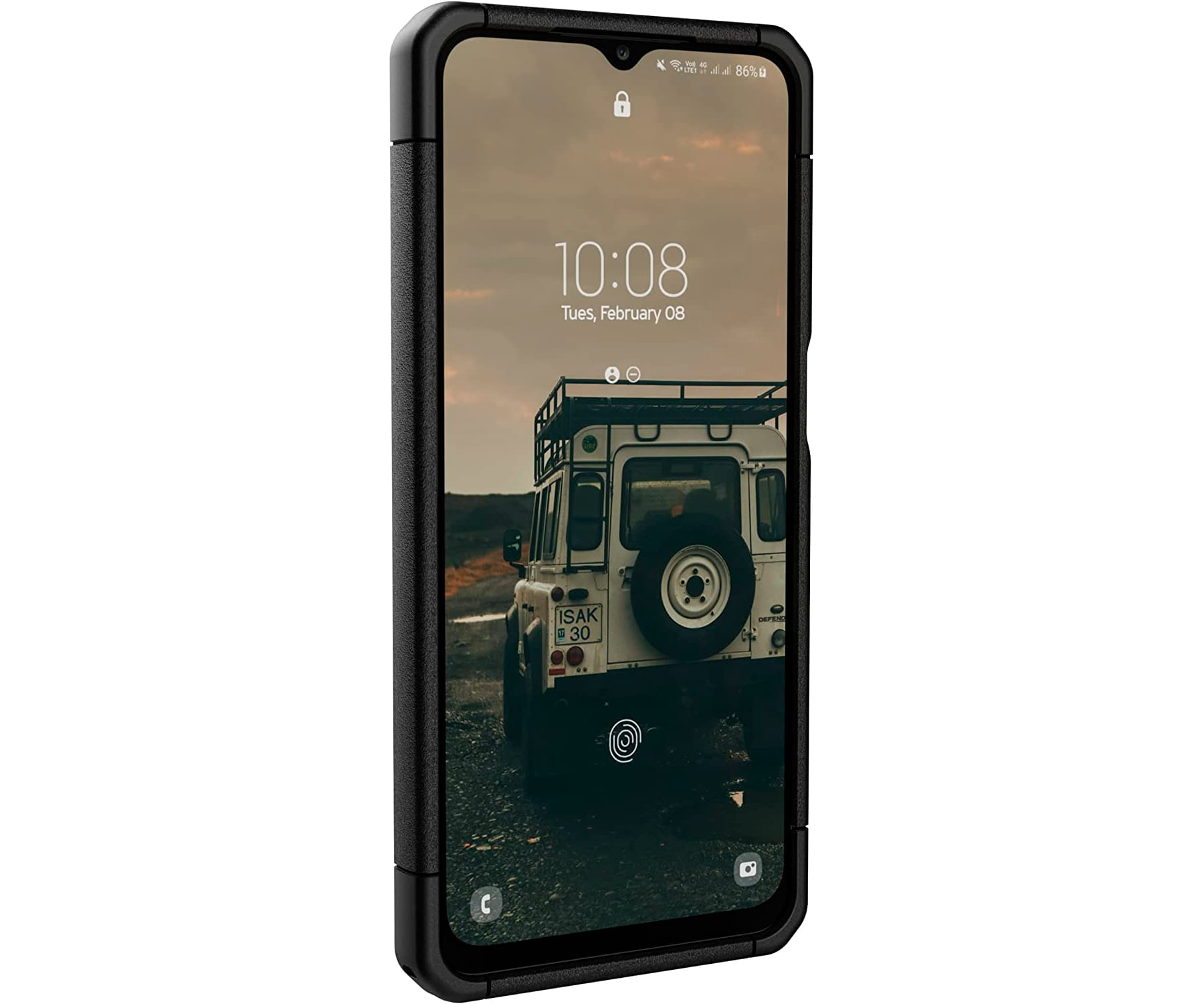 Telefoon met robuuste zwarte hoes met autoafbeelding, tijd en datum.