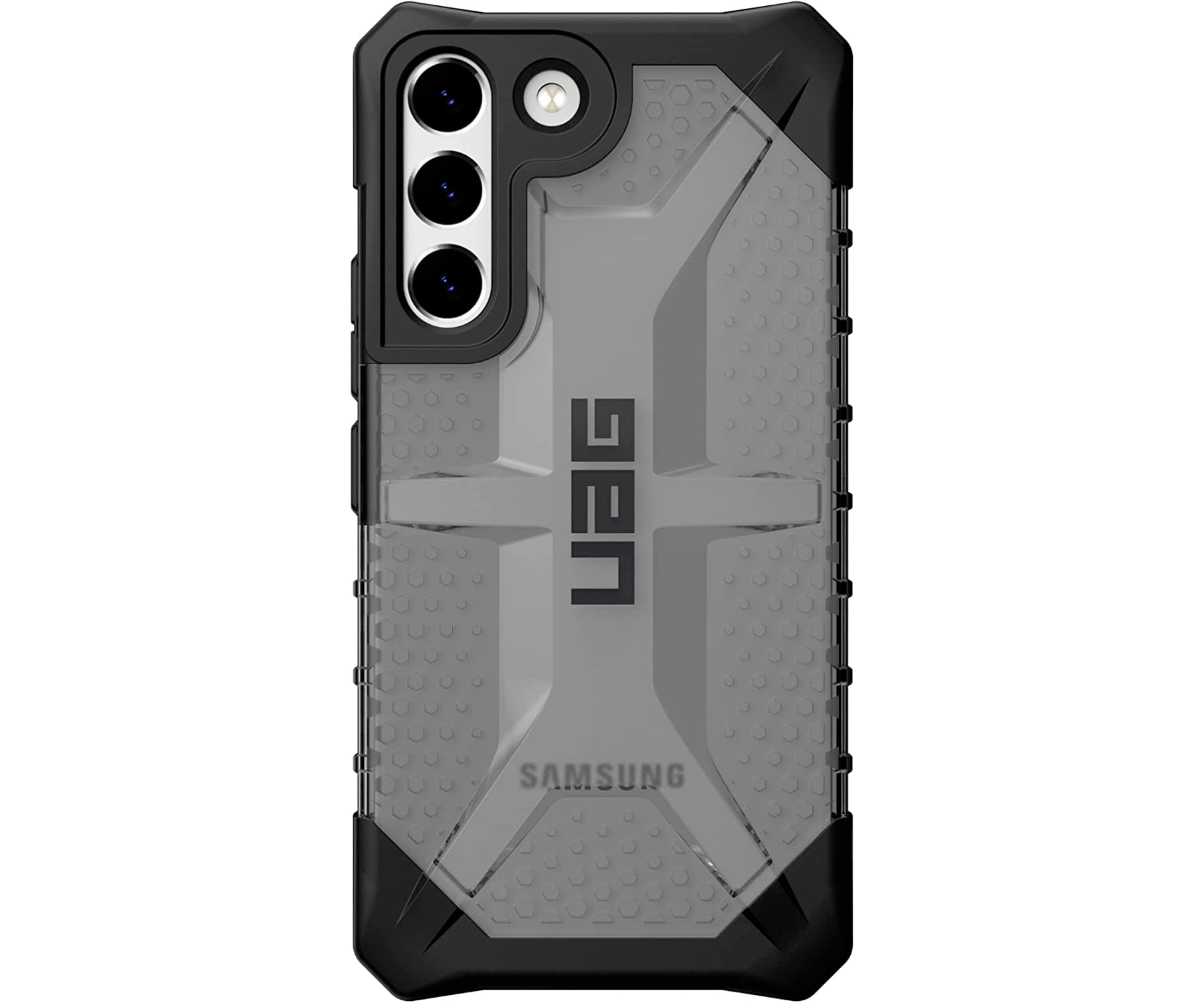 Zwarte telefoonhoes met grijze accenten, 'UAG'-logo en 'Samsung'-tekst.