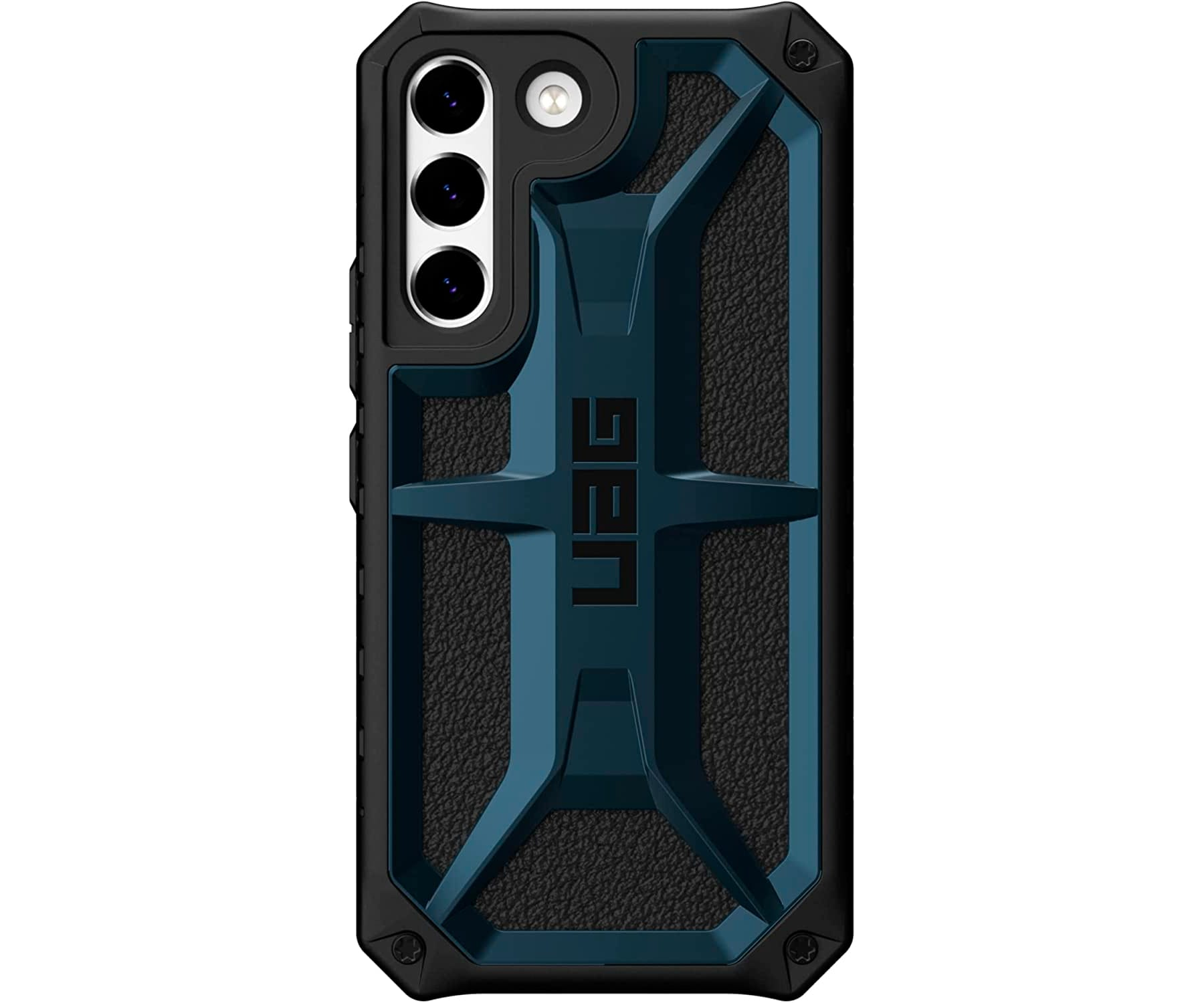 Blauwe en zwarte telefoonhoes met een robuust ontwerp en het UAG-logo.