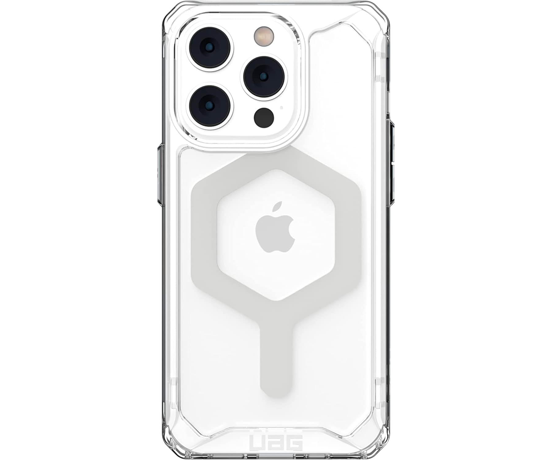 Transparante telefoonhoes met een wit logo. De hoes heeft camera- en knopbescherming.