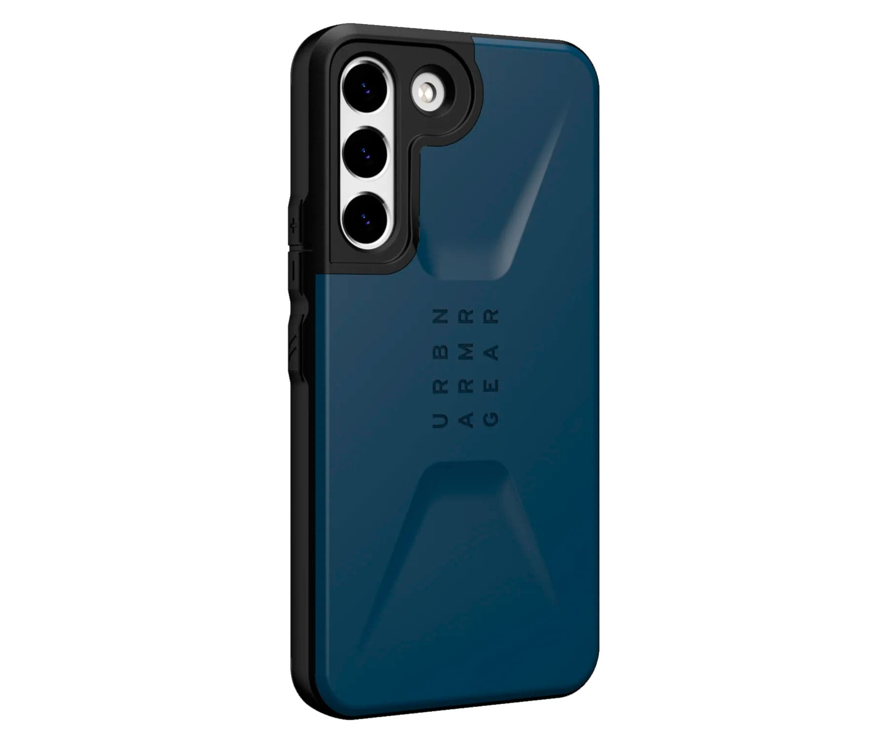 Blauwe telefoonhoes met zwarte randen. De achterkant heeft een geometrisch ontwerp en de merknaam.