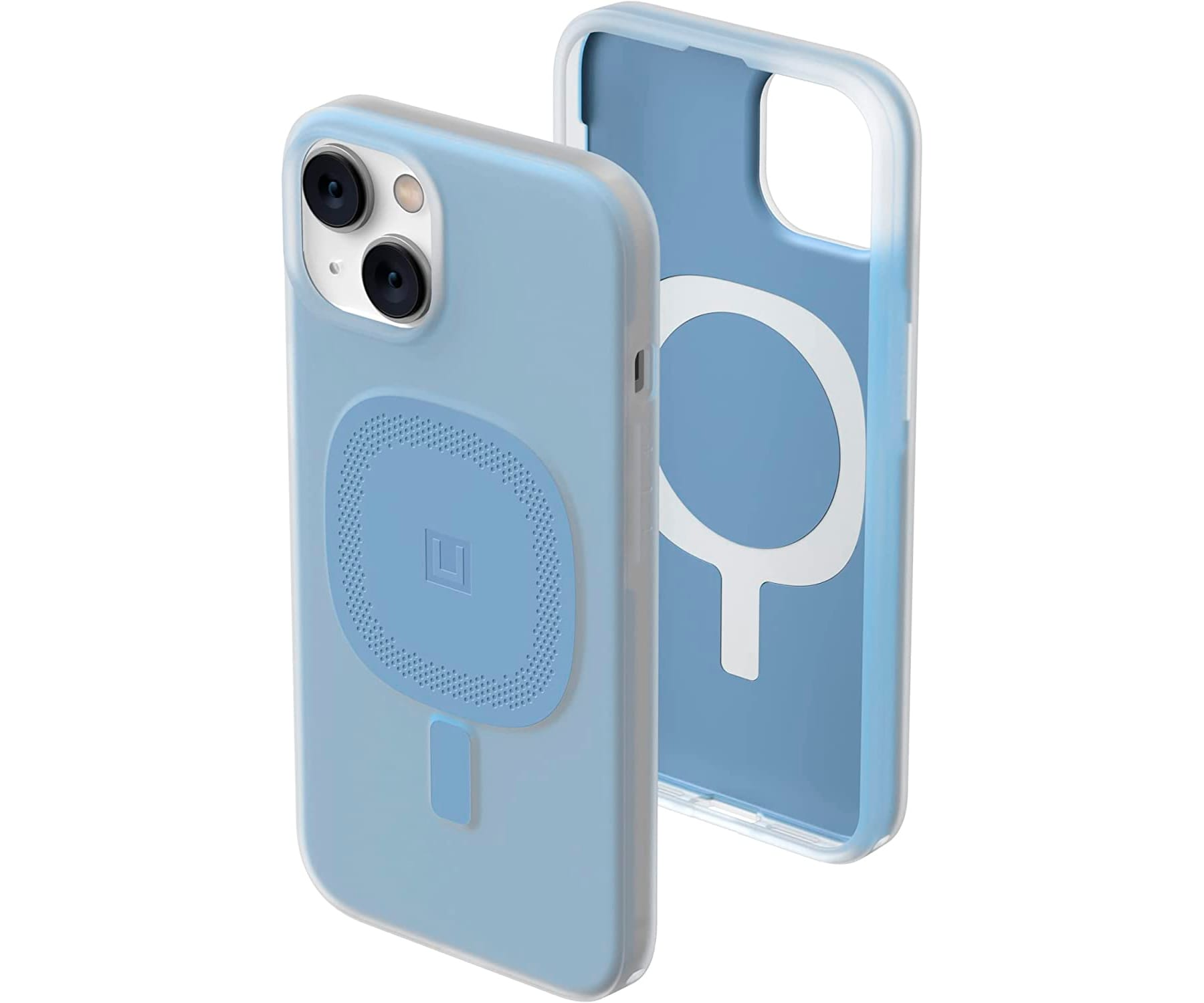 Lichtblauwe telefoonhoes met een lichtblauwe achterkant en een cirkelvormig oplaadgebied.