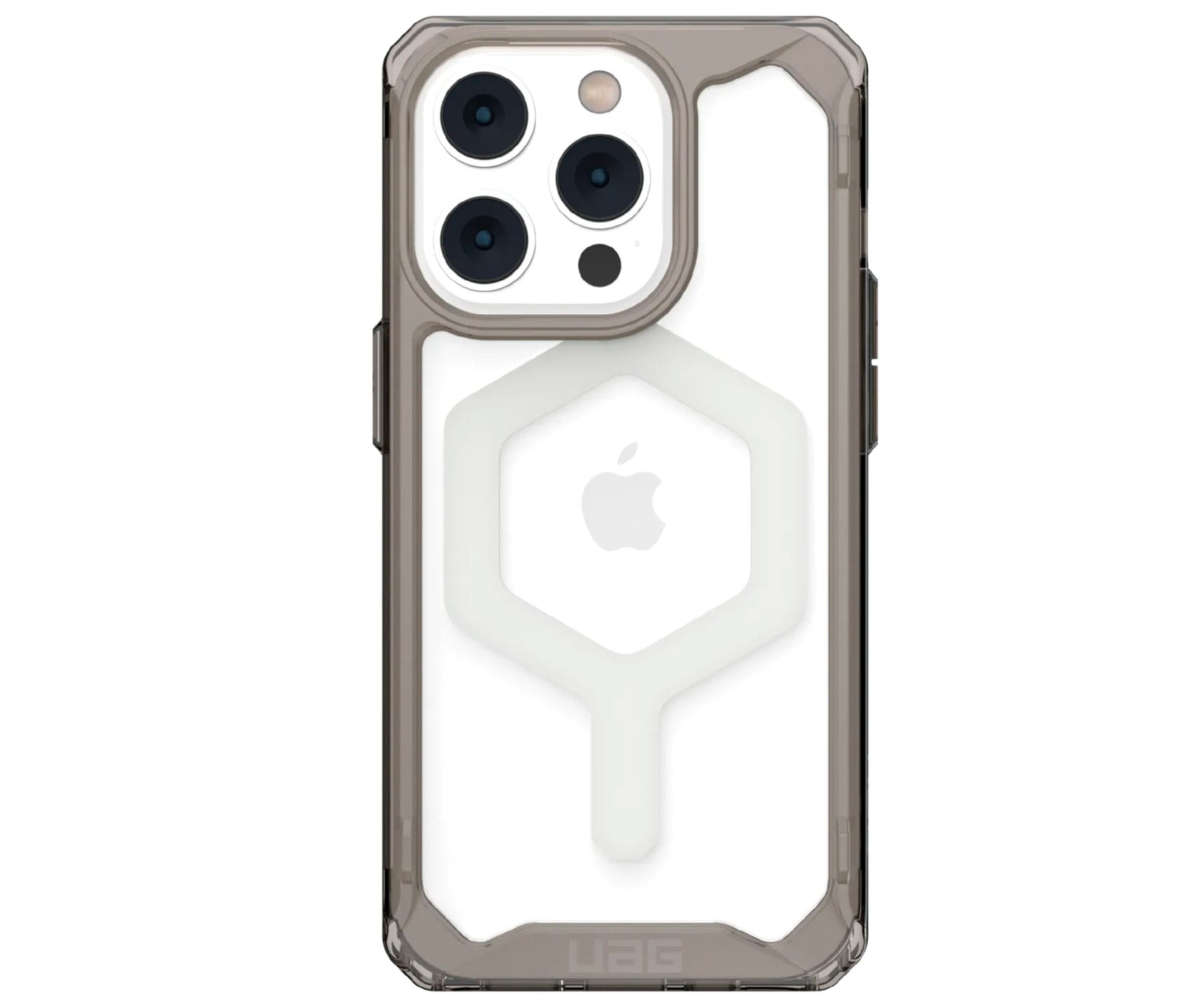 Een telefoonhoesje met een doorzichtige achterkant en een grijze bumper. Apple-logo zichtbaar.