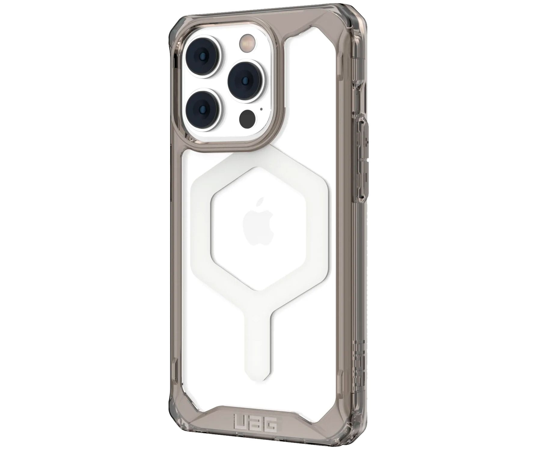 Transparante telefoonhoes met zwarte randen, Apple-logo en telefooncamera.