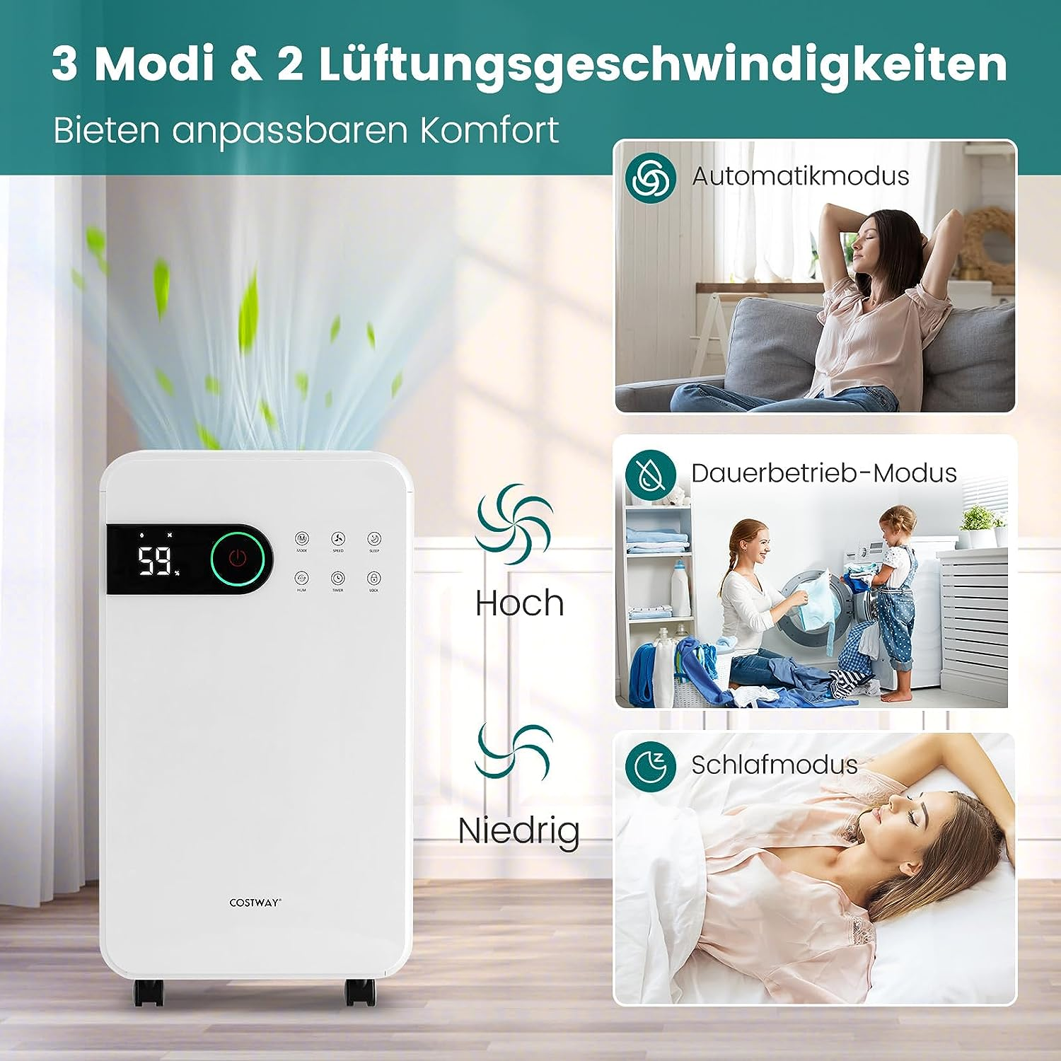 Weißer Luftreiniger mit Betriebsarten und Bildern, die verschiedene Einstellungen zeigen.