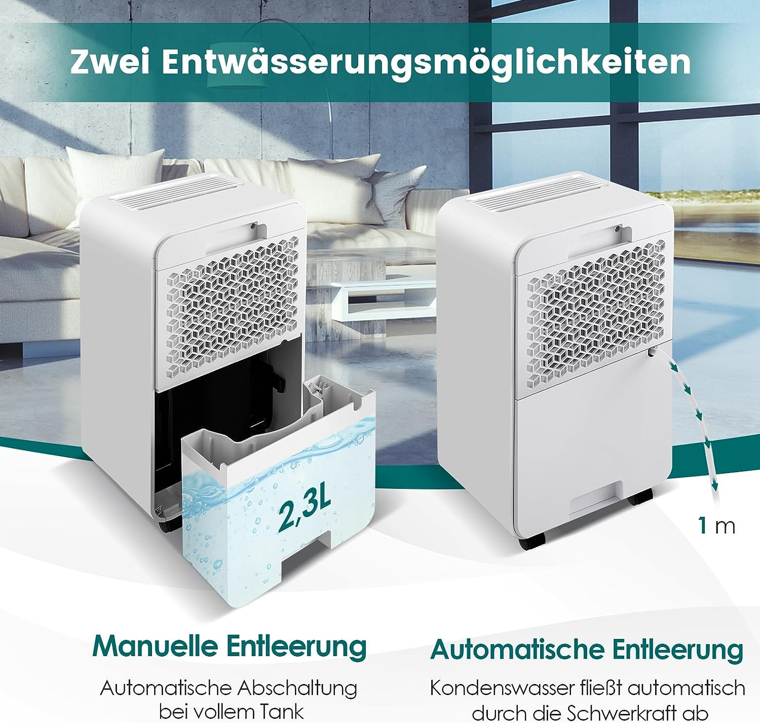 Weißer Luftentfeuchter. Zwei Ansichten: mit und ohne Wassertank. Text in Deutsch.