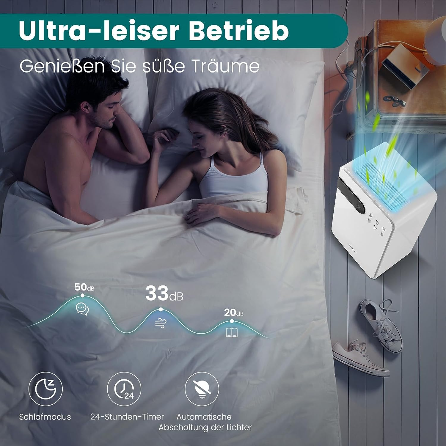 Ein Paar schläft in einem Bett neben einem weißen Luftreiniger.
